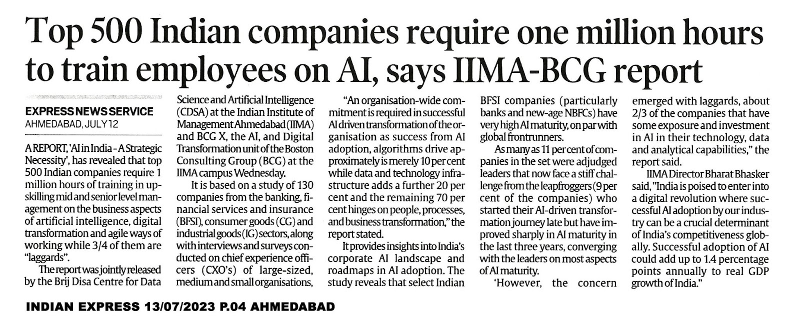 Top 500 Indian companies require one million hours to train employees on AI, say IIMA-BCG report