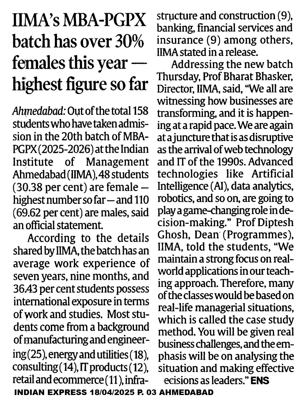 IIMA&#039;s MBA-PGPX batch has over 30% females this year - Highest figure so far