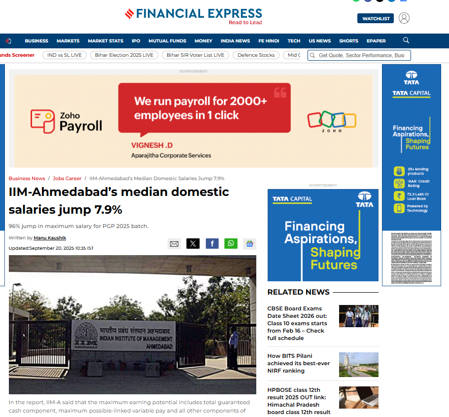 IIM-Ahmedabad’s median domestic salaries jump 7.9%