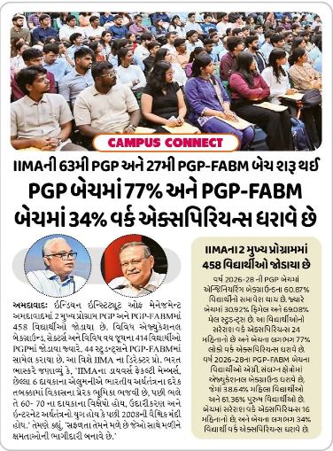 IIMAની 63મી PGP અને 27મી PGP-FABM બેચ શરૂ થઈ PGP બેચમાં     77% अने PGP-FABM બેચમાં 34% વર્ક એક્સપિરિયન્સ ધરાવે છે