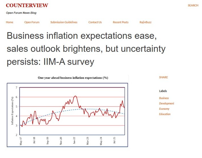 Business inflation expectations ease, sales outlook brightens, but uncertainty persists: IIM-A survey