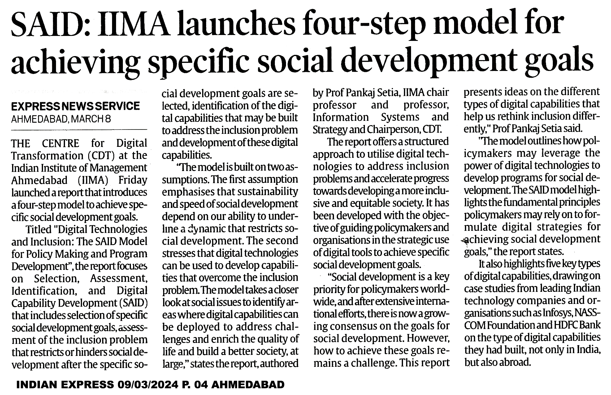 IIMA introduces 4-step model for specific social development goals