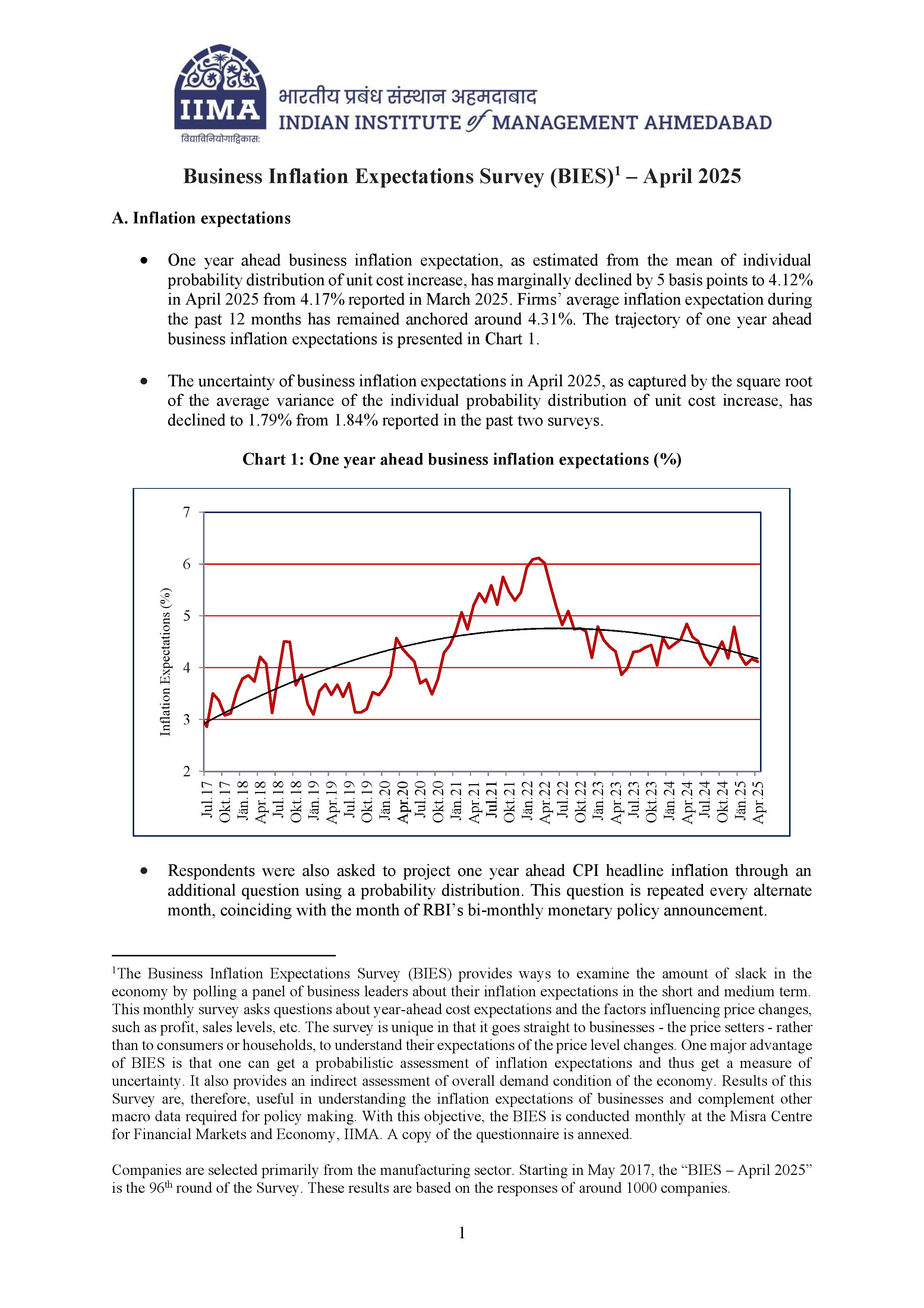 Business Inflation Expectations Survey (BIES) – April 2025